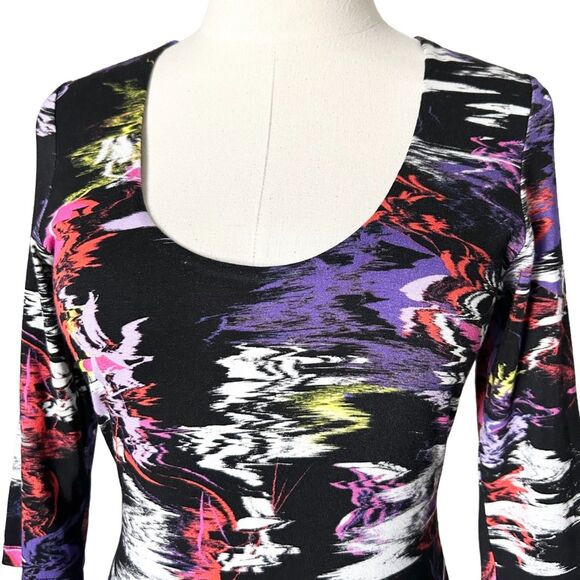 Alice + Olivia Delora Black Midi Dress in Abstract Multi Color Print Size 4 - Picture 2 of 5